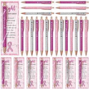 18 Set Breast Cancer Awareness Gifts Glitter Pens Bulk Pink Ribbon Breast Cancer Accessories with No One Fights Alone Cheer Up Cards for Women Survivor Patients Public Charity Events