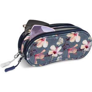 FINTIE Double Sunglasses Case, Soft Portable Eyeglasses Pouch with Carabiner Clip, Dual Zipper Compartments for Men Women (Blooming Hibiscus)