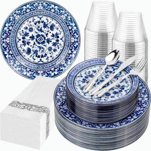 Hioasis 175PCS Blue Plastic Plates - Floral Disposable Dinnerware Set for 25 Guests, Include 50 Dinner & Dessert Plates, 75 Silver Cutlery, 25 Napkins, 25 Cups Perfect for Party (Art Style) (White and Blue)