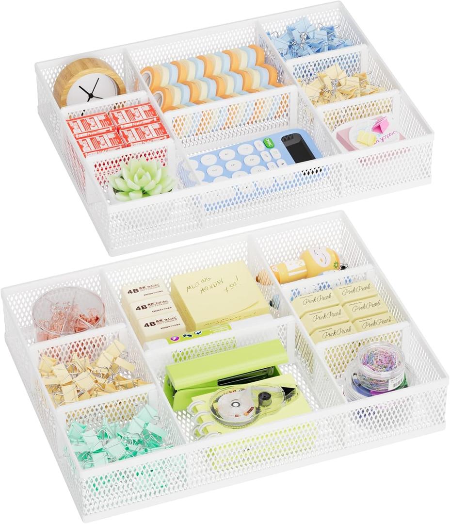Marbrasse 2 Pack Desk Drawer Organizer, Mesh Drawer Organizer Tray with 8 Adjustable Compartments, Desk Organizers and Accessories, 5 Dividers for Office Supplies, Makeup & Vanity (White)