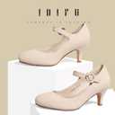 IDIFU Women's Jessy Dress Mary Jane Shoes Low Kitten Heels Closed Round Toe Office Work Wedding Pumps (8, Nude Nubuck)