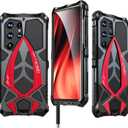 KumWum Armor Phone Case for Samsung Galaxy S23 Ultra Military Grade Drop Protection Cover S23Ultra 5G Heavy Duty Hybrid Metal Bumper Built-in Silicone Shockproof Dustproof - Black + Red