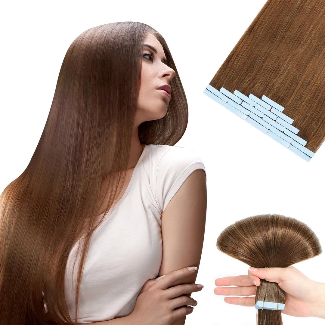 Tape in Human Hair Extensions, Remy Seamless, Light Brown(#6) Straight, Silky & Thick, 16 Inch, 20pcs 40g, Easy to Install, Real Human Hair (#6 Light Brown)