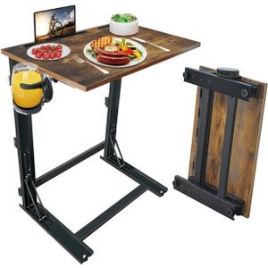 YIBOLIN'S Folding TV Tray Table, Heavy Duty Sturdy C-Shaped End Table for Couch, Extra Stable TV Dinner Tray with Cup Holder, Sofa-Side Laptop Desk for Living Room/Bedroom, No Assembly [Rustic Brown]