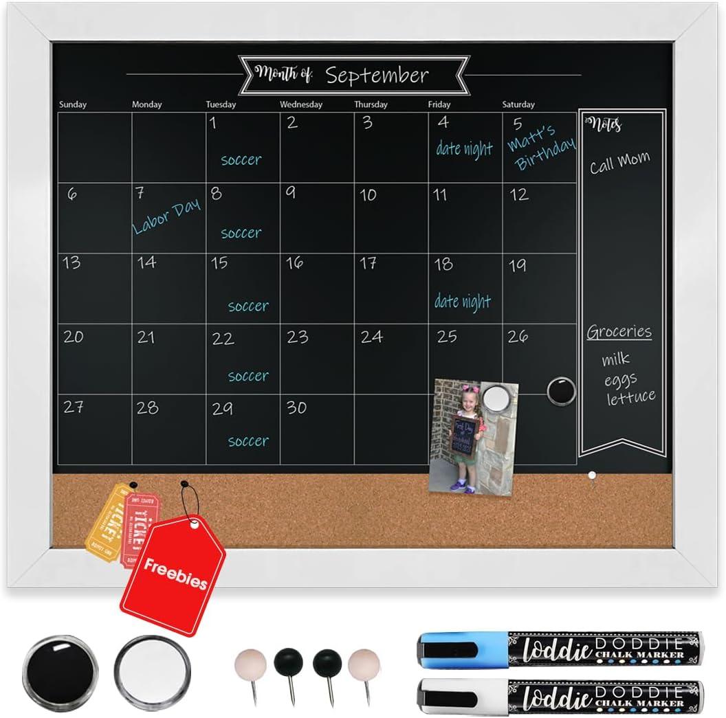 Loddie Doddie 18" x 24" White Framed Chalkboard - Wall Calendar & Cork Bulletin Board w/Chalk Markers, Push-Pins, Magnets, Large Calendar for Home or Office - Chalkboard Calender