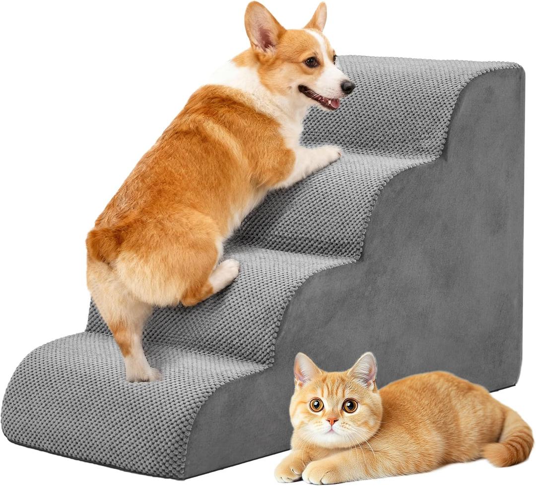 DUMOS Dog Stairs Ramp for Small Dogs and Cats, 4-Step Curved Pet Dog Steps with High-Density Foam for Puppy and Older Cats, Indoor Non-Slip Pet Ladder Ramp Stairs for Couch, High Beds, Sofa, Car, Grey (Round-19.69"Height)