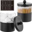 Gaussra Black Apothecary Jars, Black Qtip Holder - Stainless Steel Bathroom Jar with Stickers - Farmhouse Decor Qtip Dispenser for Qtips, Cotton Balls, Swabs, Makeup Sponges (2-Pack)