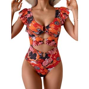 B2prity Women's One Piece Swimsuit Ruffle Sleeve Cut Out Bathing Suit Tie Back High Waisted Swim Suit (Medium, Red Print)