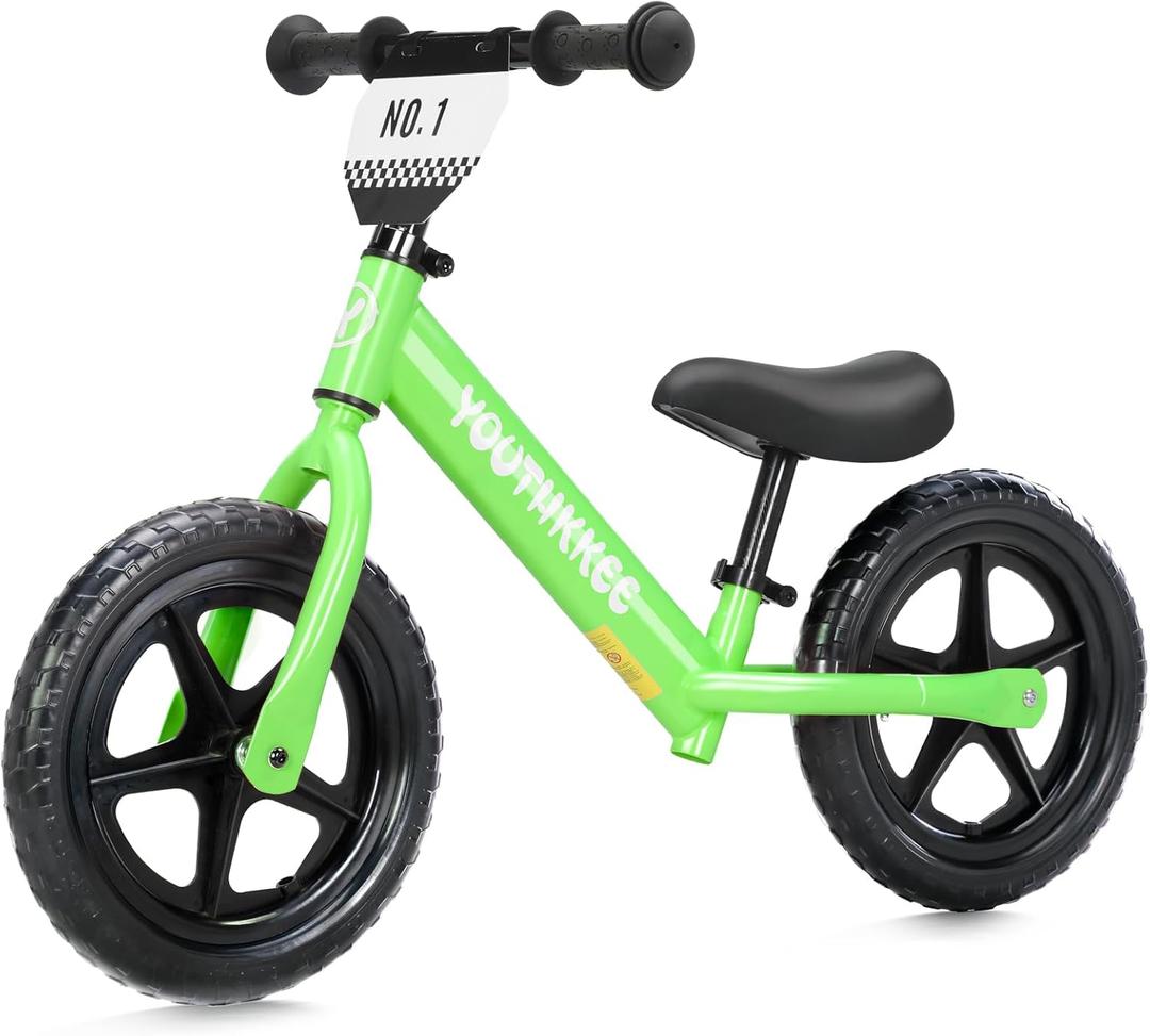 12 Inch Toddler Balance Bike for 1-3 Year Olds, No-Pedal Bike with Tool-Free Adjustable Seat, Quick Assembly, Gift for 1-3 Year Old Boys & Girls with Customizable Plate (KC, Green)