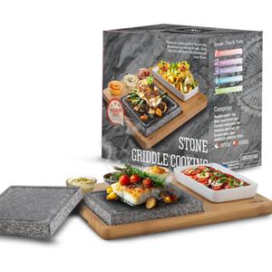 Artestia Hot Stone Steak Cooking Set 2 Natural Granite Grill Stones + 1 Bamboo Tray +1 Salad Plate & 3 Sauce Bowls Indoor/Outdoor BBQ Sizzling Steak & Seafood Grilling Gift