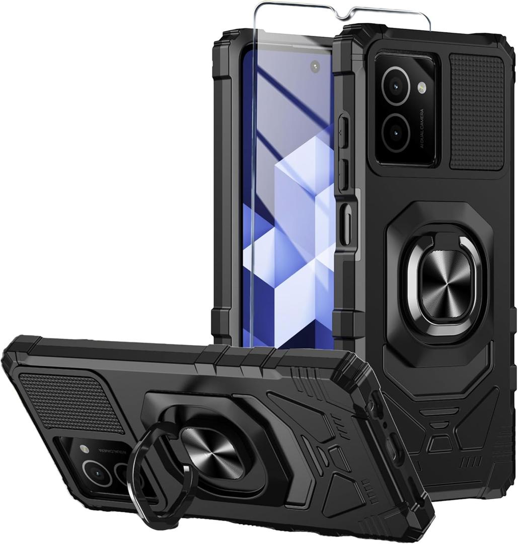 for HMD Vibe Phone Case with Tempered Glass Screen Protector,Military Grade Heavy Duty Shockproof Protective Cover,with Ring Kickstand (HMD Vibe,Black)