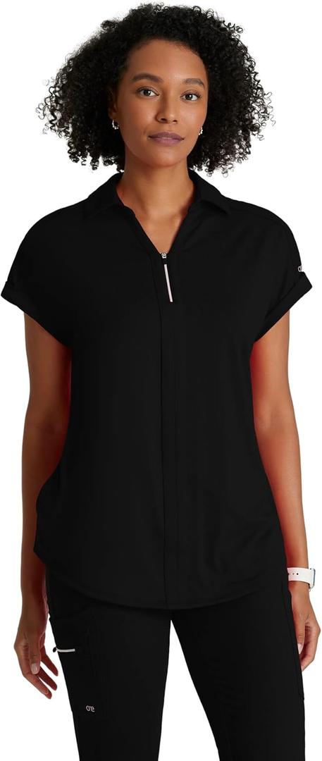 BARCO One Performance Knit Engage Classic Fit Scrub Top for Women – 2-Pocket, Zip Neck Collar Shirt with 360 Spandex Stretch
