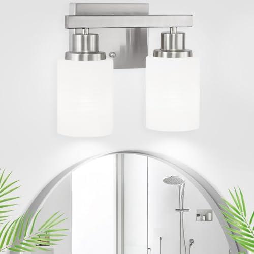 DIKAIDA Bathroom Light Fixtures Over Mirror, 2-Light Modern Nickel Vanity Lights with White Glass Shade, Bathroom Wall Lamp Sconces for Mirror Bedroom, Living Room Hallway Small Space