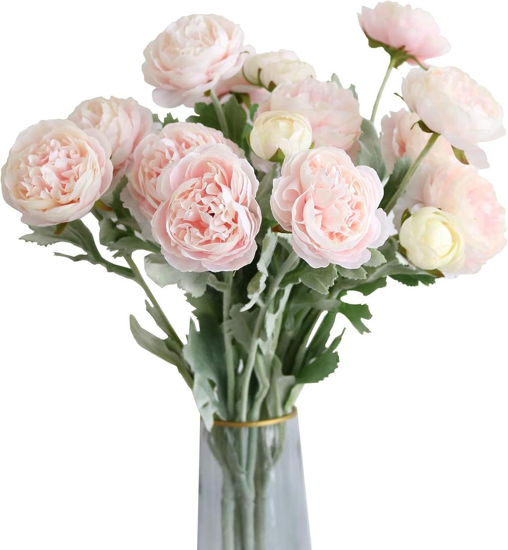 Htmeing 6PCS Artificial Ranunculus Flowers with Real Touch Stem Silk Ranunculus Flowers for Household Arrangement (Pink)