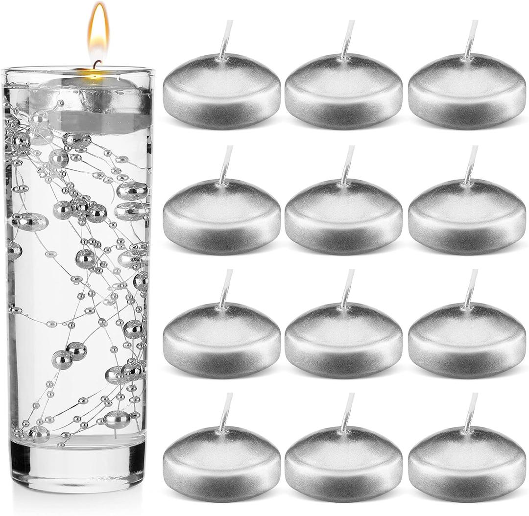 Nuanchu 12 Pieces 1.65 Inch Floating Candles for Wedding Centerpiece, Small Unscented Floating Round Tealights Metallic Smooth Wax Disc Candles for Dinner Home Decor(Silver) (Silver)