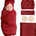 AQOKKA Newborn Receiving Blanket with Bow Hat Headband Wooden Card Set Wheat-Pattern Newborns Toddler Baby Boy Girl Nursery Swaddle Wrap