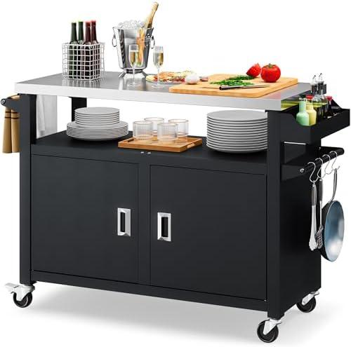YITAHOME XL Outdoor Grill Cart with Stainless Steel Top, Outdoor Grill Table with Storage Cabinet for Patio, Kitchen Prep, Grilling Accessories, Black