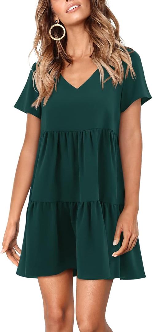 Amoretu Women Summer Tunic Dress V Neck Short Sleeve Casual Loose Flowy Swing Shift Dresses (M)
