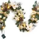 6ft Christmas Garland with Lights, Prelit Outdoor Christmas Garland with Timer 20 LED Lights Pine Cones Gold Ball Ornaments Bow for Mantle Fireplace Stairs Railing Indoor Decorations, Battery Operated