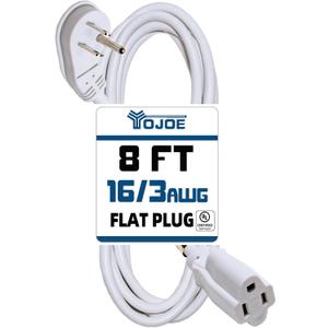 YOJOE Flat Plug Indoor Extension Cord 8 ft, 3 Prong 13A Power Cord, 16 Gauge Heavy Duty White Extension Cord for Garage, Garden and Home, 16/3 SJTW, UL Listed