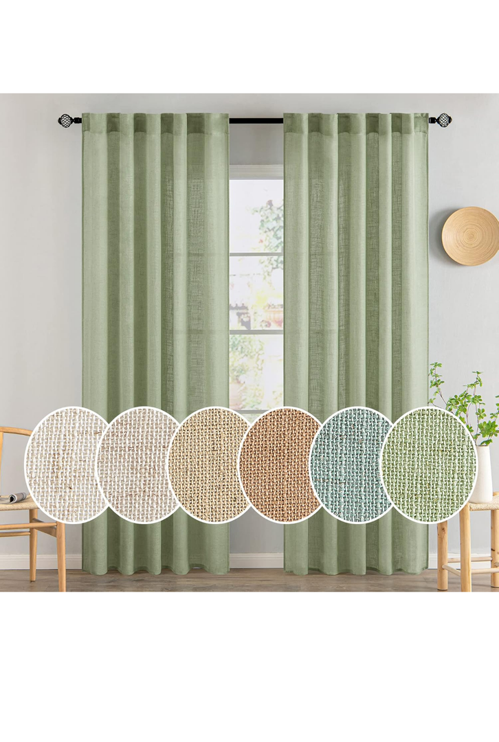 MIULEE Sage Green Linen Curtains 84 Inch Length for Bedroom Living Room, Soft Thick Linen Textured Window Drapes Semi Sheer Light Filtering Back Tab Rod Pocket Burlap Look Spring Decor, 2 Panels