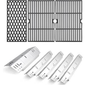 Criditpid Grill Replacement Parts for Dyna-Glo 5 Burner DGH474CRP DGH485CRP DGH483CRP, Stainless Steel Heat Plate Shields and Cast Iron Cooking Grates for Dyna-Glo 4 Burner DGH450CRP.
