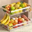 2 Tier Large Fruit Basket for Kitchen Counter with 2 Mobile Banana Hangers, 2025 Pro Detachable Metal Fruit Bowl with Wooden Handle (Silver, 2 Tier Extra Large)