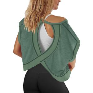 Panadila Womens Open Back Workout Top Oversized Workout T Shirts Backless Athletic Shirt Short Sleeve Baby Tee (Large, Army Green)