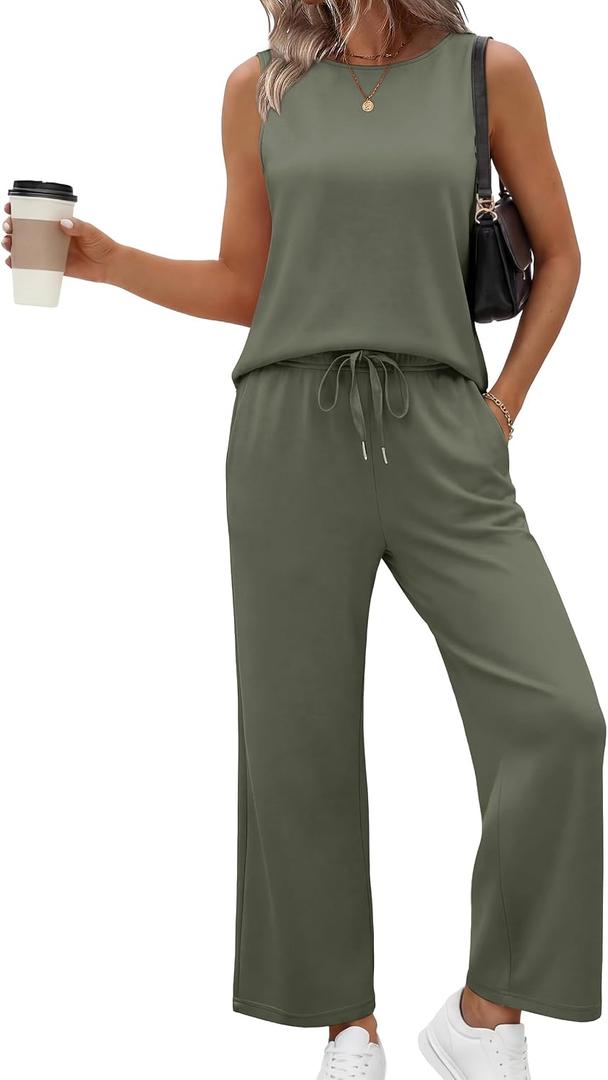 SAMPEEL Two Piece Sets for Women Summer Outfits Beach Vacation Clothes Wide Leg Crop Pants (Green, L)