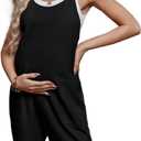 Women's Maternity Overalls Shorts Pregnancy Casual Sleeveless Jumpsuits Romper with Pocket (Black)