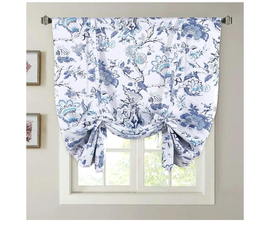 H.VERSAILTEX Thermal Insulated Blackout Curtain Adjustable Kitchen Tie Up Curtains Rod Pocket Panel for Small Window-42 Wide by 63" Long-Vintage Floral in Blue and White