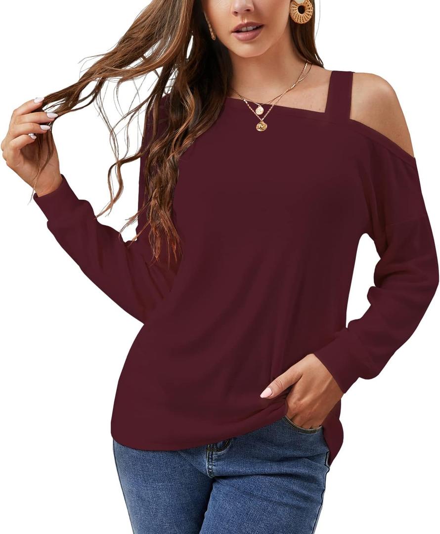 JINKESI Women's Long Sleeve Tunic Tops Casual Cold Shoulder Blouse Shirts (Medium, B1 Wine Red)