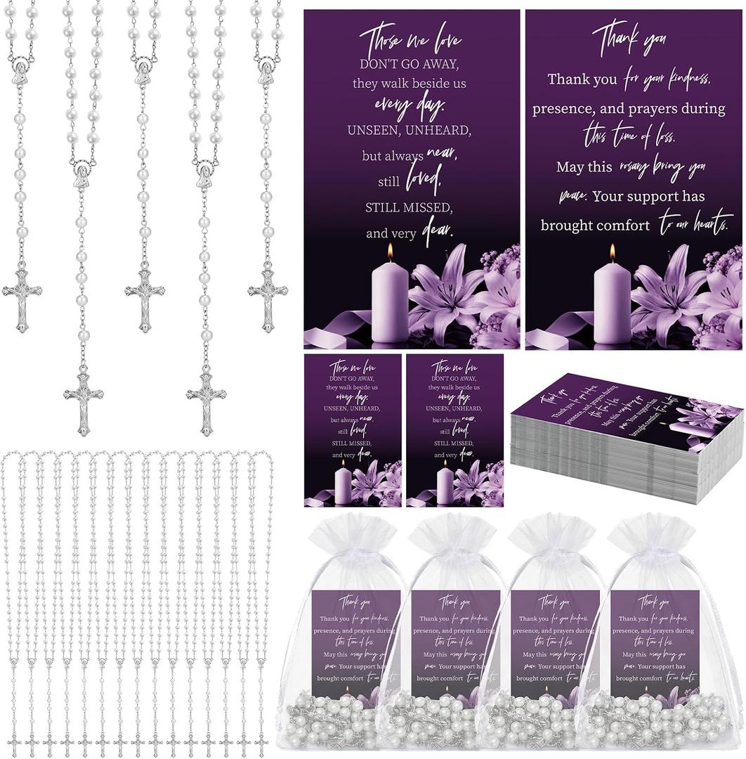 Sureio 25 Sets Funeral Favors for Guests Celebration of Life Favors Rosary Necklace Prayer Cards for Organza Bags Sympathy Thank You Cards for Memorial Supplies