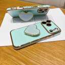 Cute Case for iPhone 17 Pro Max 6.9'', Green Plating Luxuly Phone Heart Case with Love-Heart Kickstand, Soft TPU Shockproof Protective Cover for Girls and Women