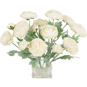 IPOPU White Ranunculus Artificial Flowers, 5PCS Silk Faux Peonies Vingtage Dried Fake Ranunculus with Stems for Wedding Party Garden Vase Home Decoration(White)