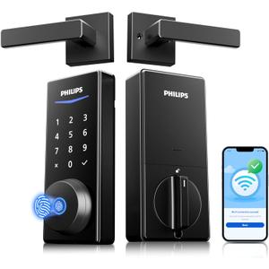 Philips Wi-Fi Smart Lock with Handles, WiFi Keyless Entry Front Door Lock Set, Keypad Deadbolt with Handle App Fingerprint Code Unlocking, Auto Locking, Built-in WiFi, Remote Control & Voice Unlock (Matte Black)