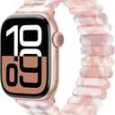 V-MORO Resin Stretchy Band Compatible with Apple Watch 38/40/41mm, 42/44/45/46/49mm Fashion Cute Strap for iWatch 10/9/8/7/6/5/4/3/2/1/SE Lightweight Elastic Bracelet Wristband Women,S/M SIZE (Floral Pink- Rose Gold)