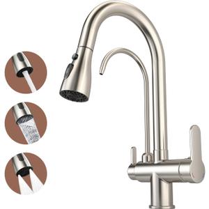 Kitchen Sink Faucet with Pull - Down Sprayer, 2 - Handle 3 - in - 1 Kitchen Sink Filter Faucet, Cold and Hot Mixer Drinking Water Faucet (3-in-1 Filter Faucet, Brushed Nickel-1)