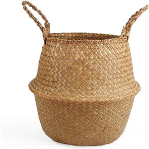 Woven Seagrass Belly Basket for Storage, Plant Pot, Laundry, Picnic and Grocery Basket with Handle (Large, Original)