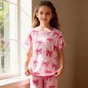 Funnycokid Girls Pajamas 3 Piece Short Sleeve Shirt Top Pants Shorts with Pockets 7-14 Years (Pink)