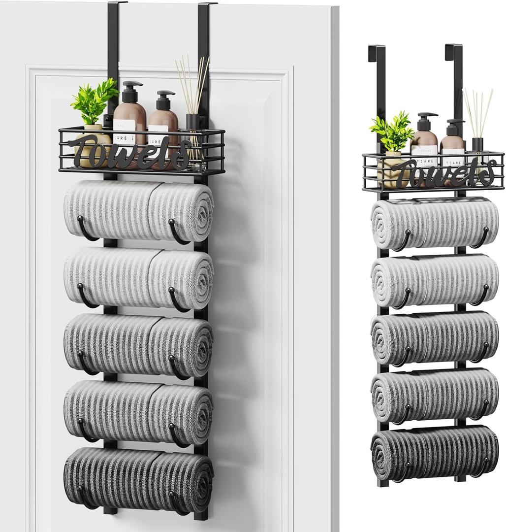 Hanging Towel Racks for Bathroom - 6 Tier Over The Door & Wall Mounted Bath Rolled Towel Storage Organizer Holder for Small Bathroom, RV, Camper, Black (Patented)