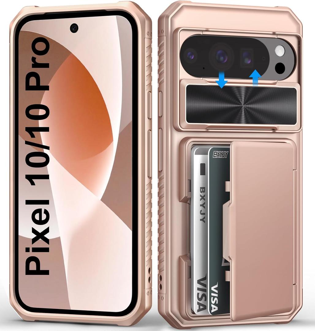 for Google Pixel 10 & 10 Pro Case with Card Holder (4-5 Cards), Military Grade Drop, Slide Camera Cover, RFID Block, Shockproof Heavy Duty Men Women Phone Case for Pixel 10 & 10 Pro, Rose Gold