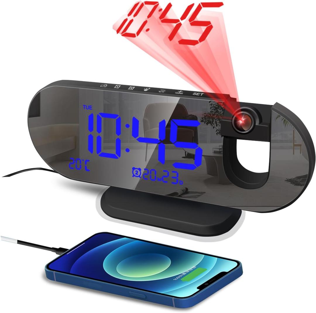 Projection Alarm Clocks for Bedrooms - 2025 New Alarm Clock with 180 Rotatable - Digital Clock with Clear LED Display, Loud Dual Alarm Clock for Heavy Sleepers, Kids Elderly, Snooze, USB Charger