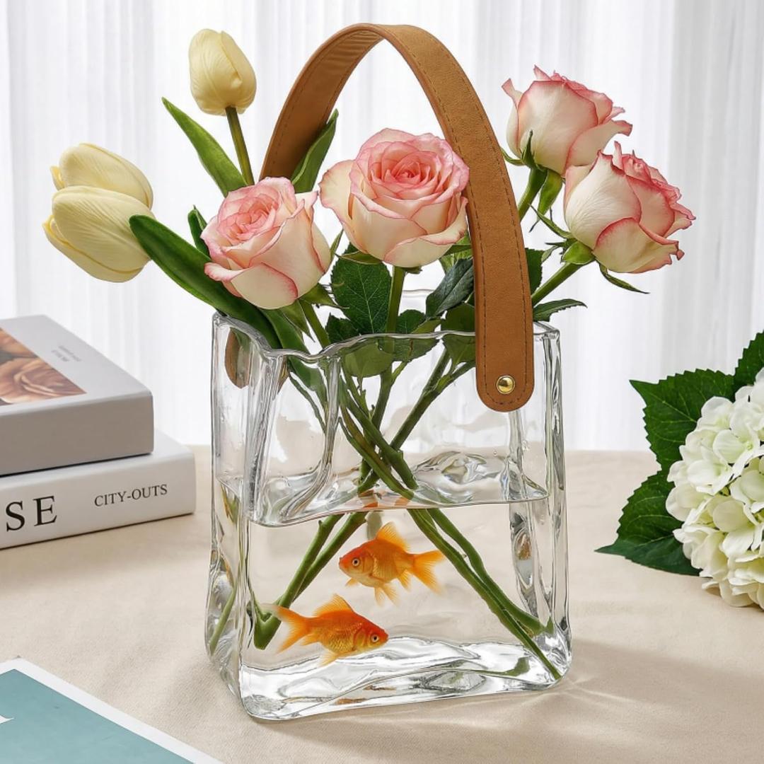 Noamus Glass Purse Vase for Flowers, Unique Bag Vases with Leather Handle, Decorative Wrinkle Handbag Shape Vase, Handmade Clear Fish Bowl for Centerpieces, Home Office Garden Wedding, Farmhouse Decor