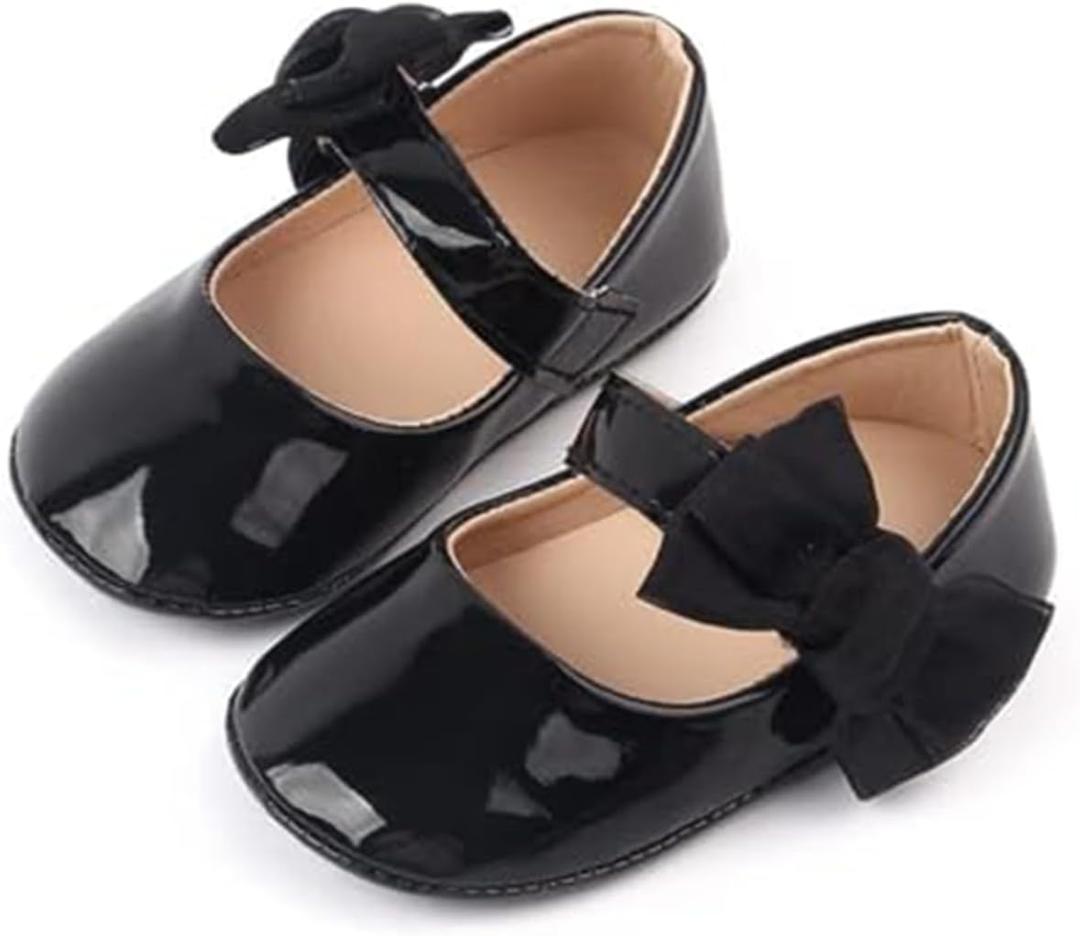 Sawimlgy Baby Girls Mary Jane Sequins Crown Flats PU Leather Wedding Party Princess Ballet Shoe Infant Rubber Sole Prewalker Toddler First Crib Shoes (12-18 Months Toddler, 02 Black)