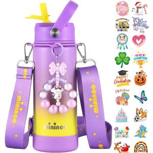 Mininoo Insulated Stainless Steel Kids Water Bottle for School with Straw Lid & Strap, 50 Stickers, 18 oz(Purple/Yellow)