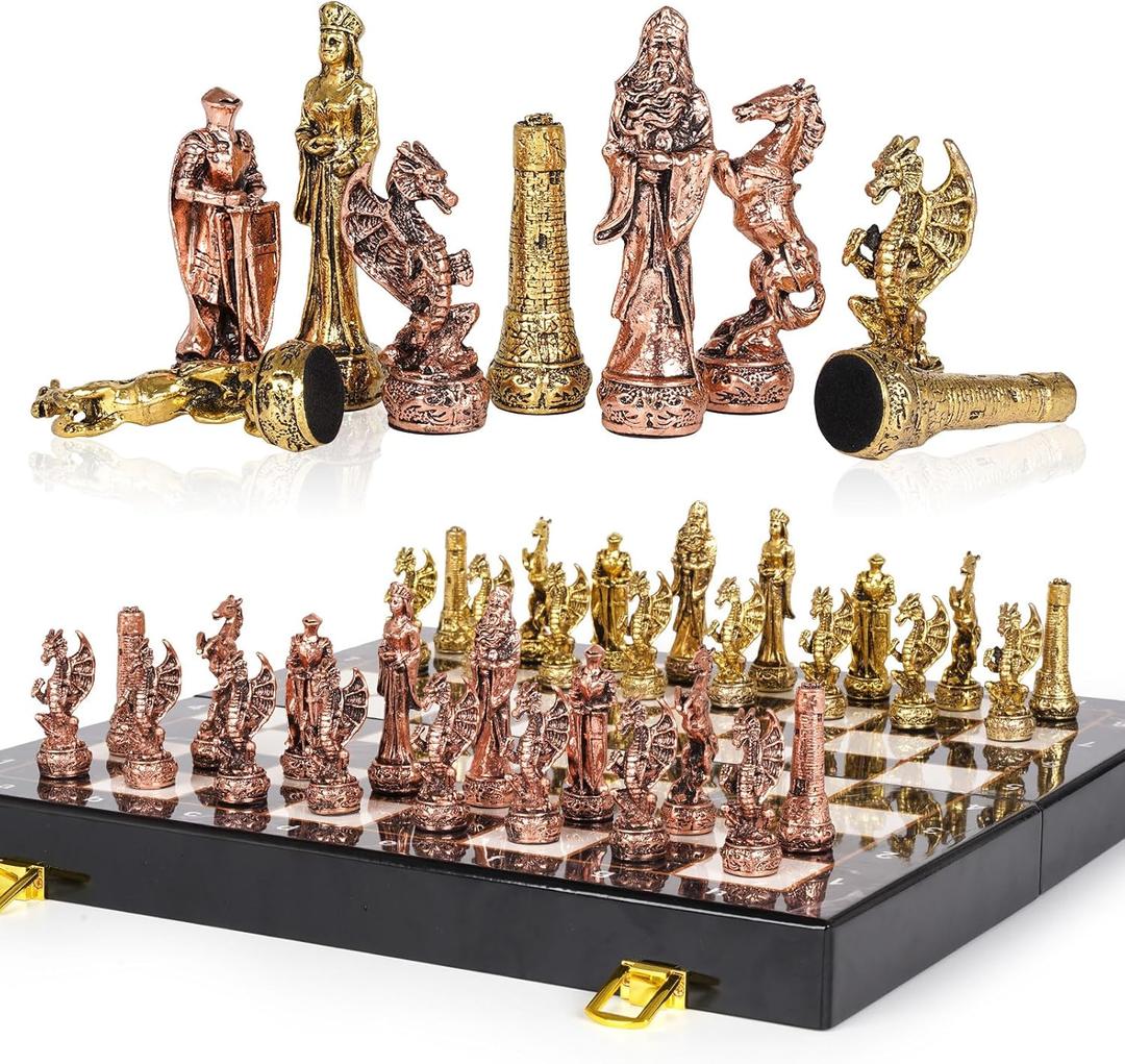 Large Vintage Metal Chess Set for Adults and Kids  Marbling Chess Board with Metal Chess Pieces 15" Travel Chess Set with Metal Chessmen  Collectible Elegant Chess Game  Family Vintage Board Game