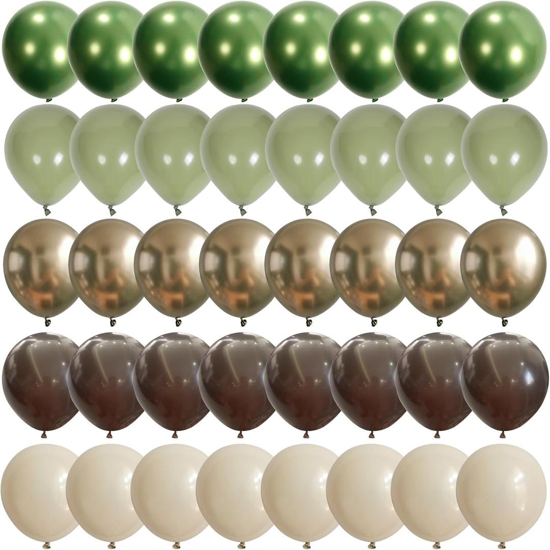 Sage Green Brown Safari Balloons, 60PCS Dusty Olive Green Coffee Beige Metallic Gold Eucalyptus Latex Balloon, Camo Army Hunting Balloons for Woodland Baby Shower Birthday Party Decorations Supplies