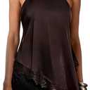 Verdusa Women's Y2k Tops Satin Rave Club Lace Halter Top Tie Backless Cami Asymmetrical Going Out Outfits (Brown, XS)