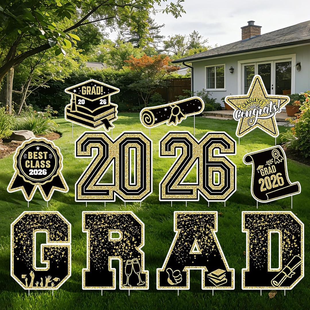 Graduation Yard Signs Class of 2026-11PCS Congrats Grad Lawn Decorations with Stakes,Graduation Decorations Yard Signs,Graduation Party Supplies, Large Outdoor Decor for High School & College (Gold)